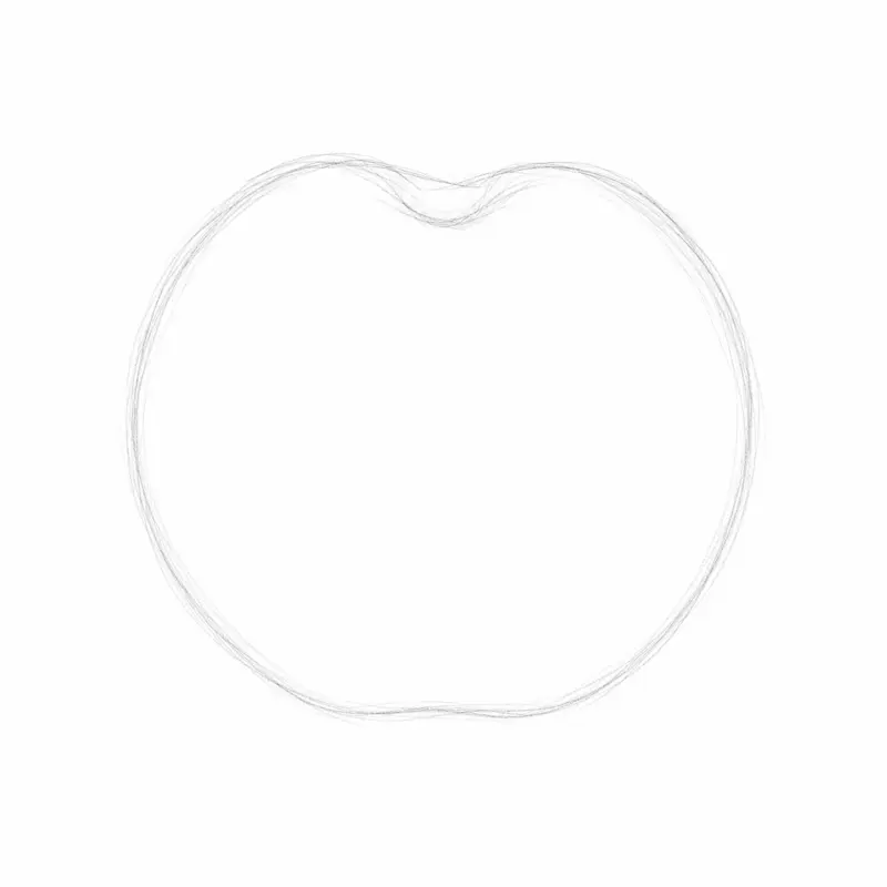 Initial sketch showing how to draw an apple by starting with a loose circle and adding a top indentation.