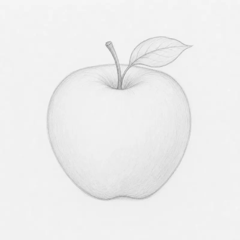 Sketching the stem and leaf as part of the process of how to draw an apple step by step.