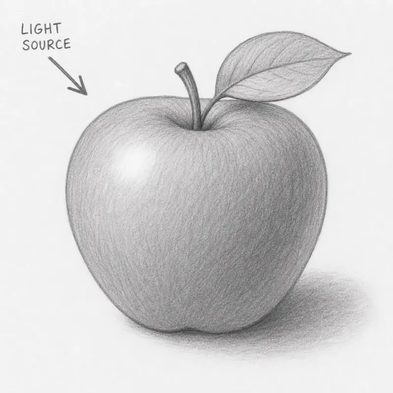 Applying basic shading and identifying the light source for how to draw an apple.