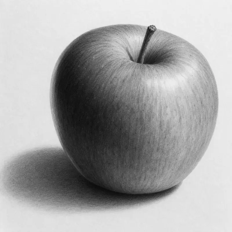 Adding deep shadows and a cast shadow to create a 3D effect when learning how to draw an apple.