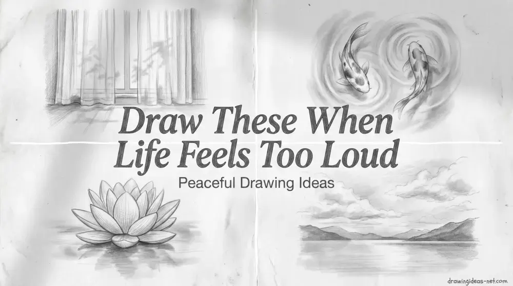 Peaceful drawing ideas featuring pencil sketches of curtains by a window, koi fish, a lotus flower, and a calm lake landscape in a soft minimalist art style.
