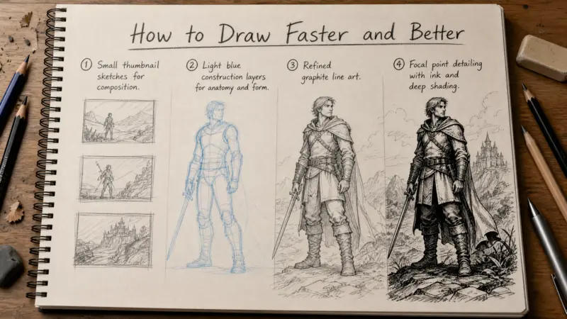 Professional artist workflow from thumbnails to refined sketch