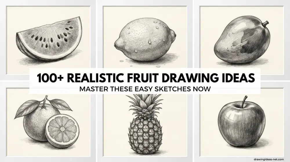 Realistic fruit drawing ideas featuring pencil sketches of watermelon, lemon, mango, orange, pineapple, and apple with detailed shading and realistic textures.