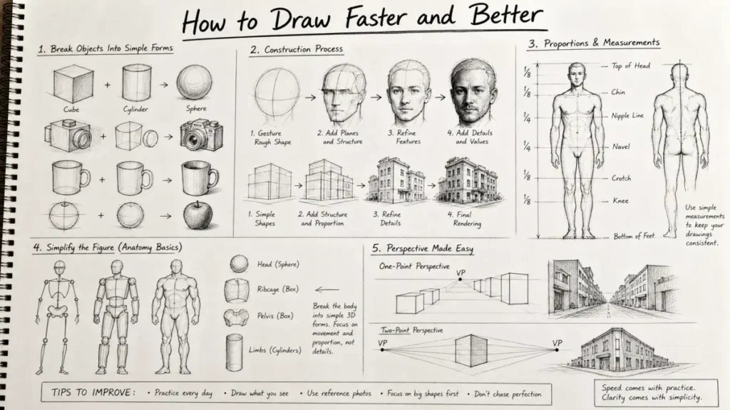 Basic shape construction drawing practice using cubes and cylinders