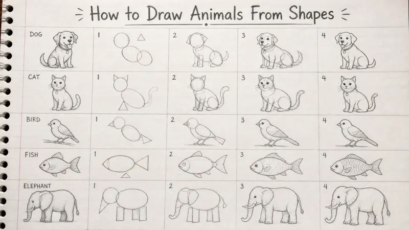 How to Draw Animals From Shapes step by step tutorial