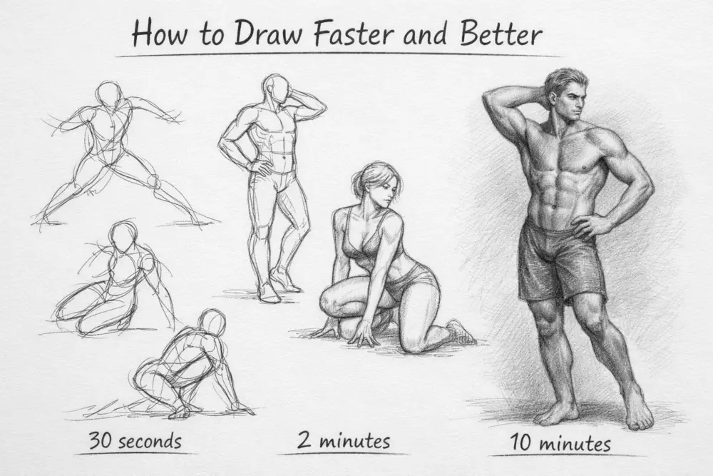 Timed gesture sketches improving drawing speed and observation skills