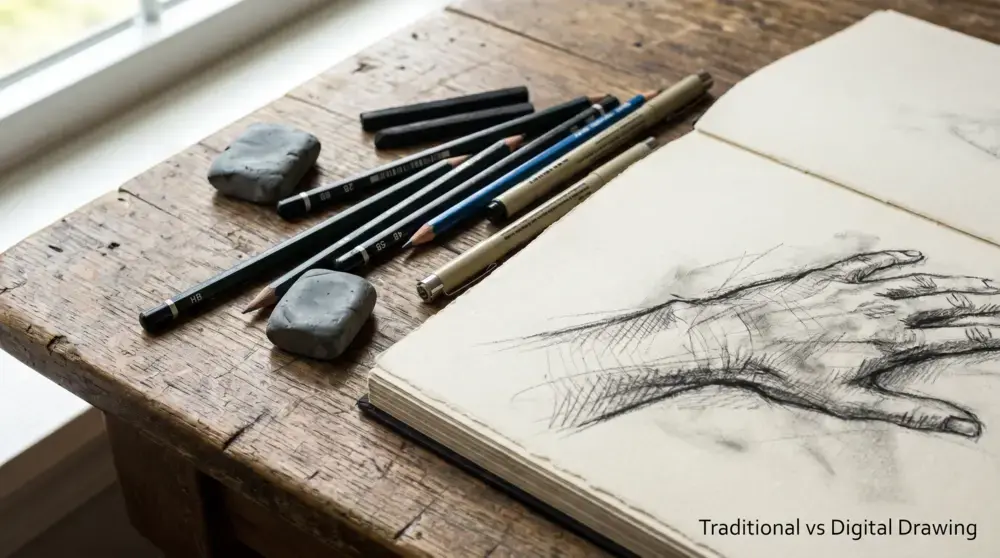 Traditional vs Digital Drawing with graphite pencil sketchbook and charcoal tools