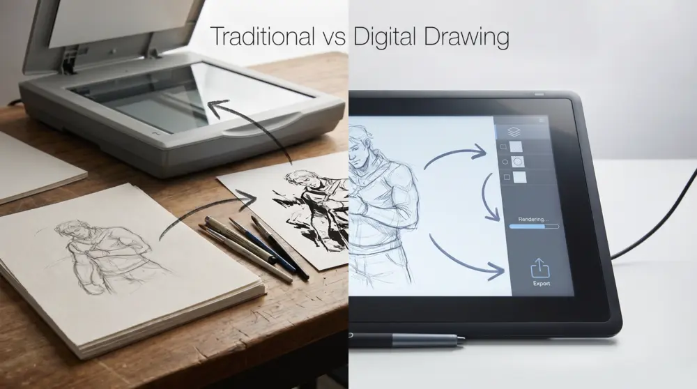 Traditional vs Digital Drawing workflow from sketching to final artwork