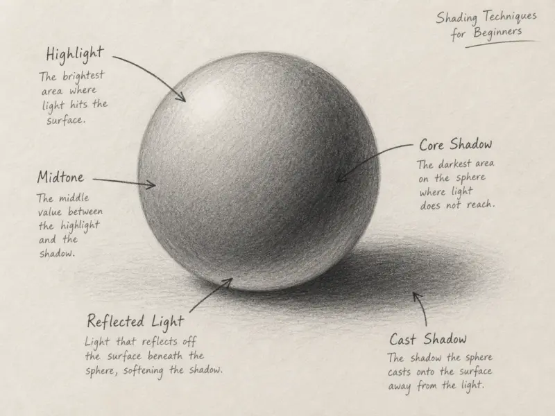 Shading Techniques for Beginners showing light and shadow on a sphere