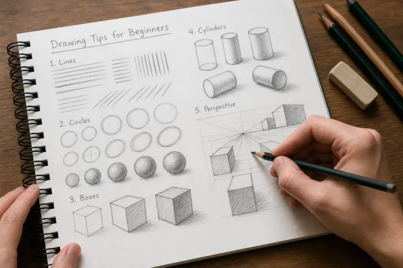Drawing Tips for Beginners basic shapes perspective and shading exercises