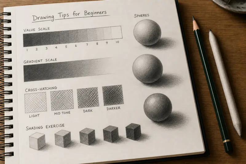 Drawing Tips for Beginners shading and light practice with pencil sketches