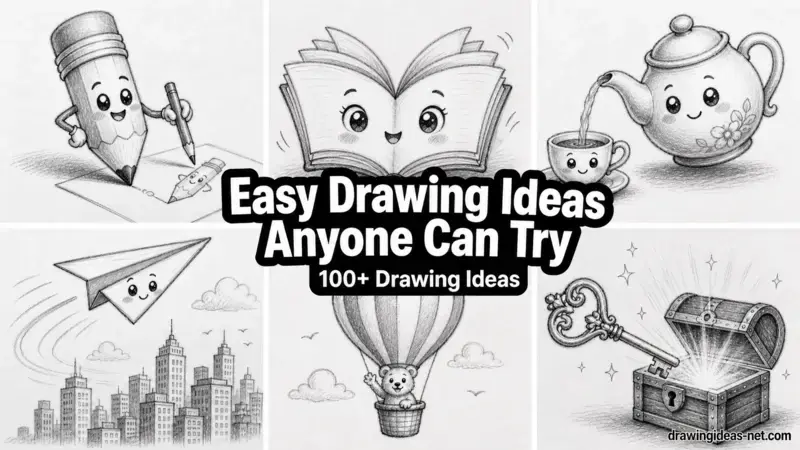 Easy drawing ideas with cute pencil sketches of a cartoon pencil, book, teapot, paper airplane, hot air balloon, and treasure chest in kawaii style.